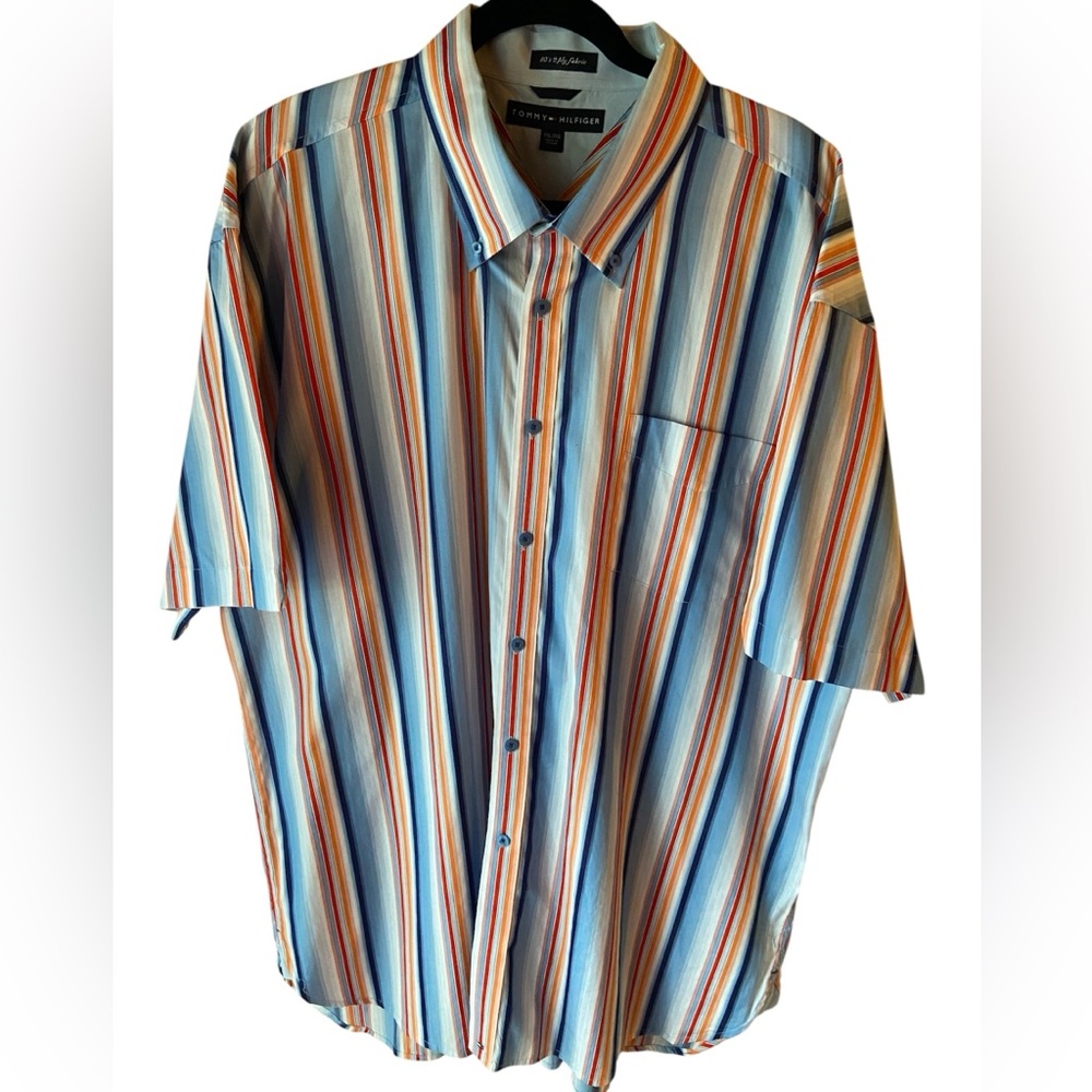 Tommy Hilfiger VTG short sleeve button collar stripped shirt XXL, front pocket